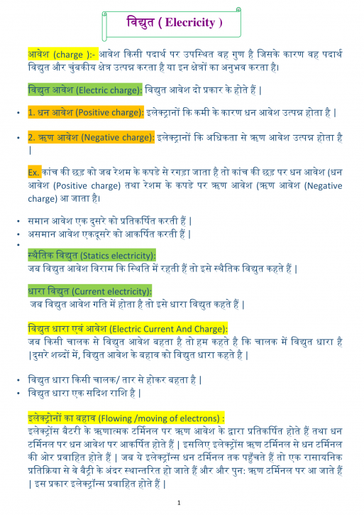 Class 10 Science Chapter-12 Notes In Hindi विद्युत