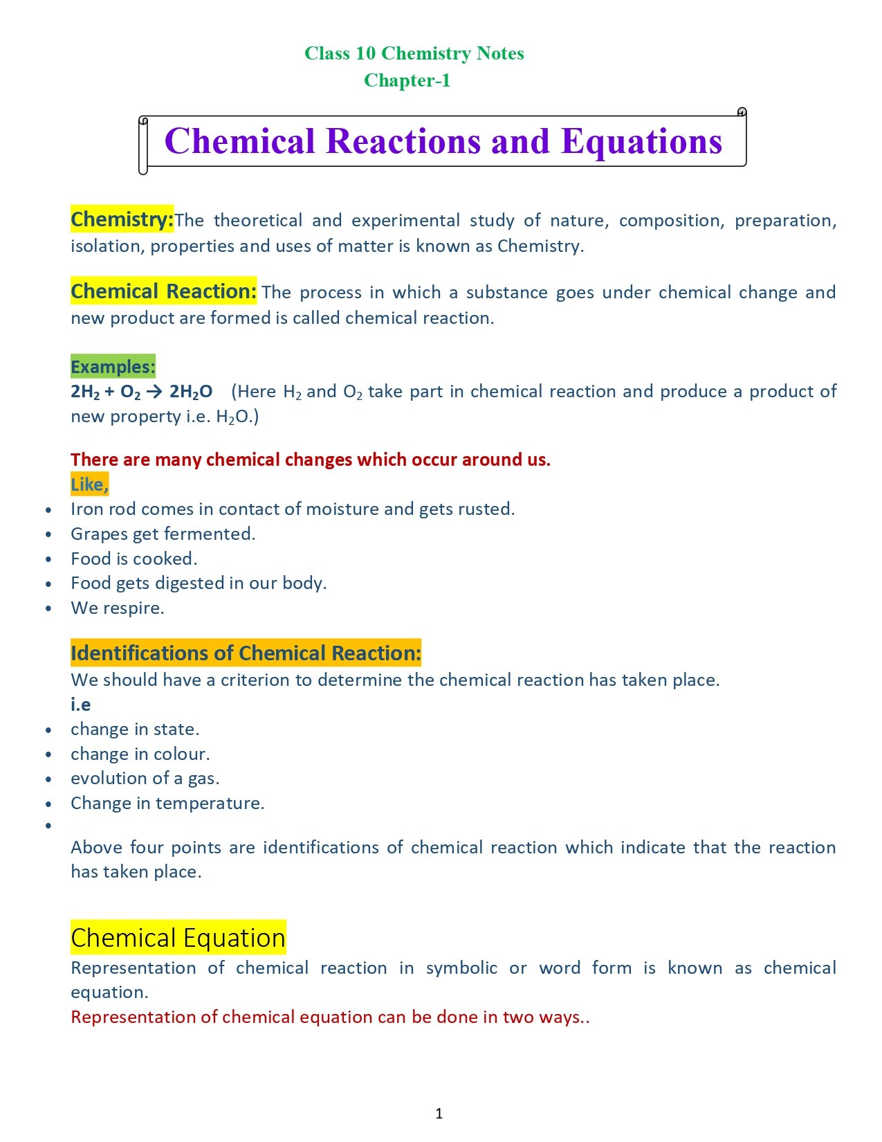 Class 10 Science Notes Chapter 1 Chemical Reactions And Equations Apex Classes
