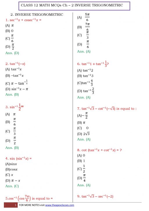 Class 12 Math MCQs in English - Image 2