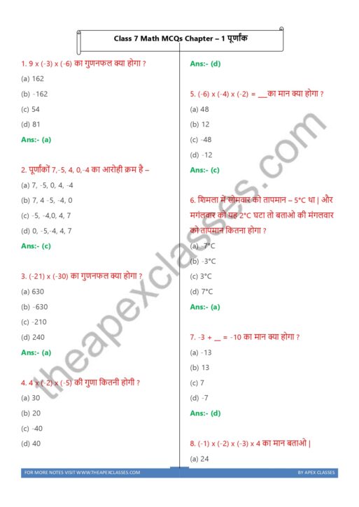 NCERT Class 7 Math MCQs all Chapters in hindi