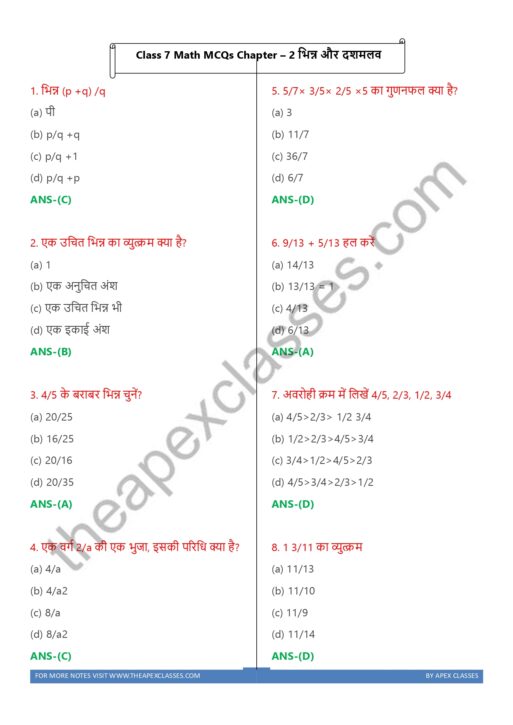 NCERT Class 7 Math MCQs all Chapters in hindi