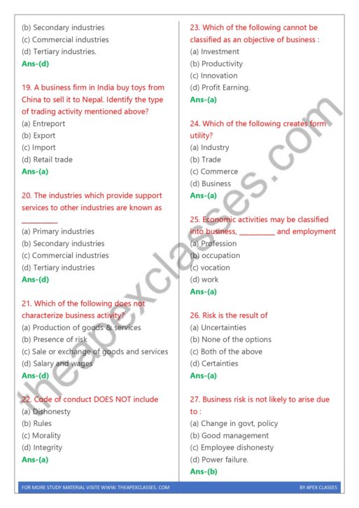 Class 11 Business Studies MCQs in English PDF - Image 3