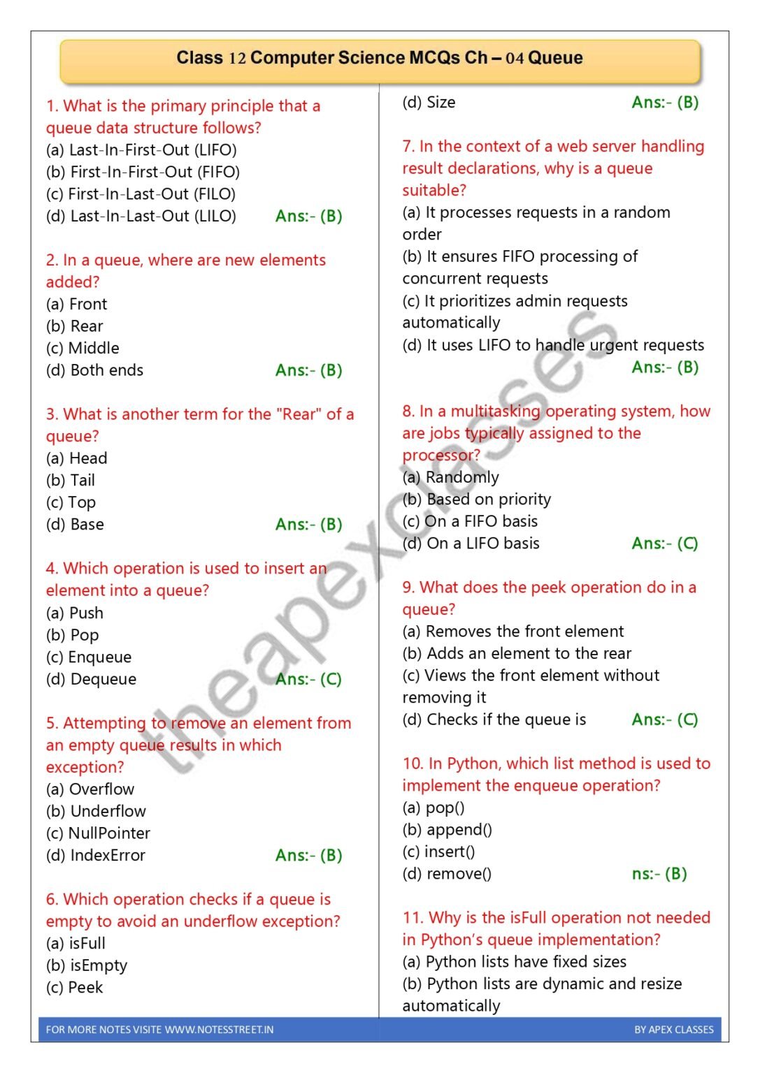 Class 12 Computer Science MCQs In English PDF – APEX CLASSES