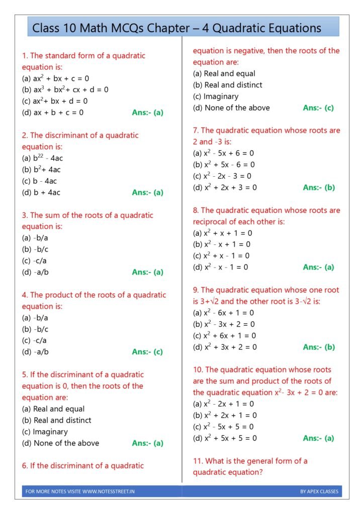 Class 10 Math MCQs in English PDF – APEX CLASSES