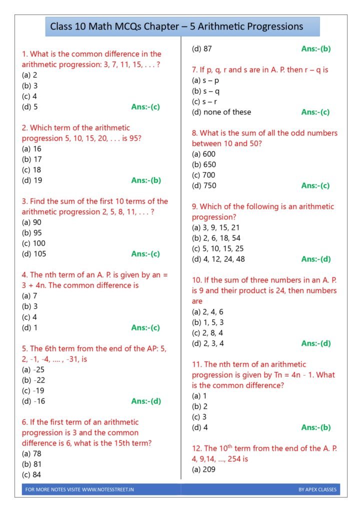 Class 10 Math MCQs in English PDF – APEX CLASSES